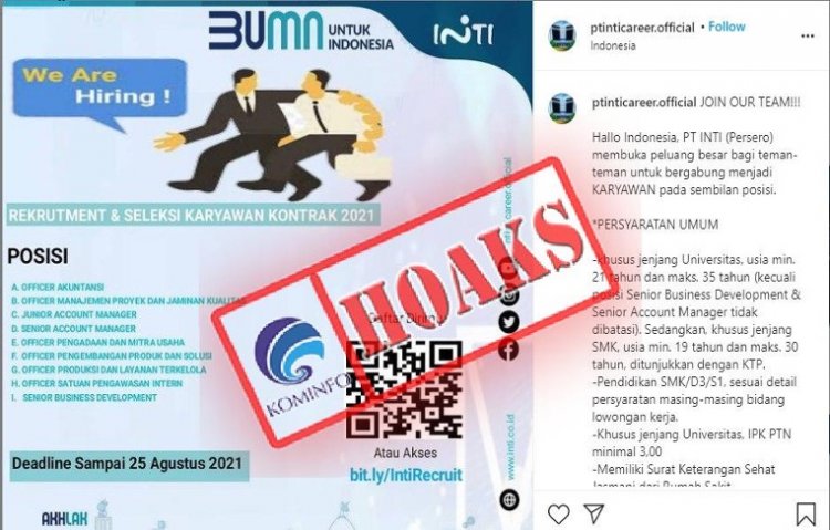 [HOAKS] Akun Instagram Mengatasnamakan PT INTI (Persero) dan Menawarkan Lowongan Pekerjaan